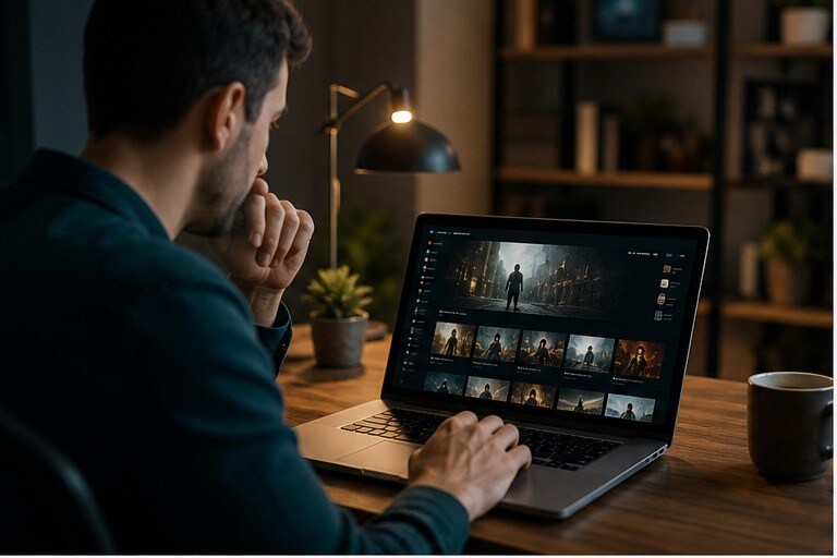 Persona che cerca film completi su YouTube da laptop con approccio ordinato