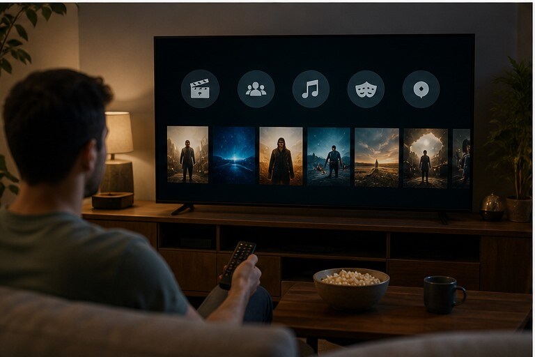 Smart TV con canali ufficiali e categorie di film pronti per essere aperti