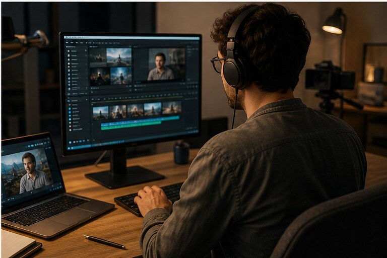 Creator che monta un tutorial su come trovare film gratis e legali su YouTube