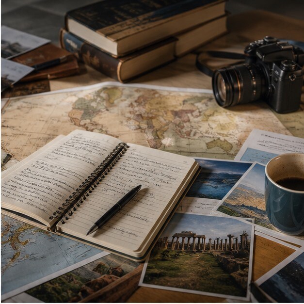Mappa, taccuino e schermata video per una watchlist tra storia, viaggi e futuro