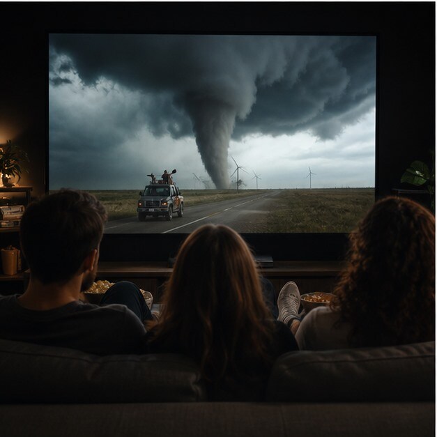 Schermo con immagini di viaggio e tempeste durante una maratona factual