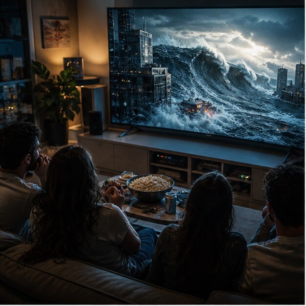 Interno notturno con bagliore blu e rosso da film di fantascienza catastrofica