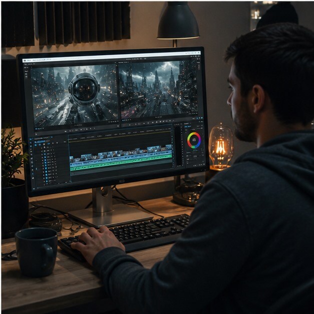 Creator che monta clip e titoli di una guida ai migliori film sci-fi su YouTube