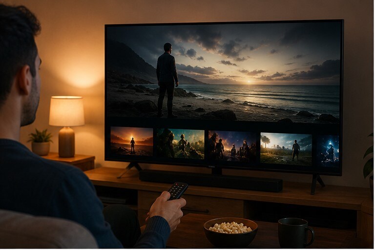 Televisore acceso con scelta rapida tra piattaforme gratuite senza login