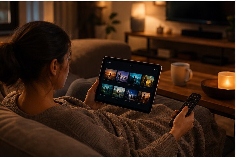 Tablet e telecomando su tavolo con atmosfera da serata cinema improvvisata
