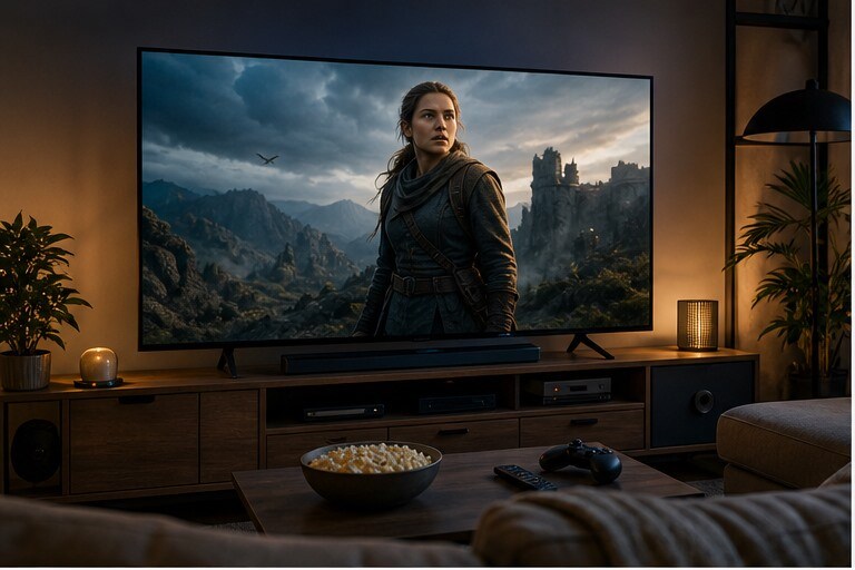 Smart TV con film completo in alta qualita e ambiente domestico curato