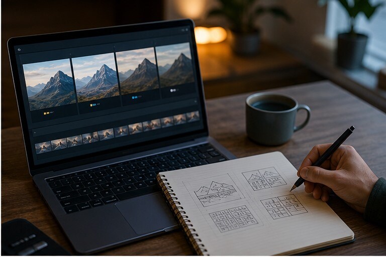 Laptop con confronto tra vari upload e note sulla qualita visiva