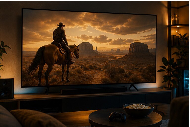Salotto serale con film western o buddy movie in forte resa visiva