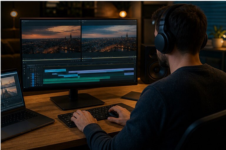 Creator che monta un confronto video tra film YouTube in HD e upload mediocri