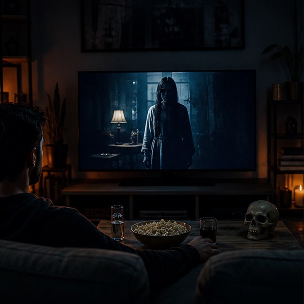 Serata horror in salotto con smart TV e luci basse