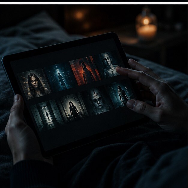 Home theater con atmosfera cupa e scelta di film horror gratuiti su YouTube