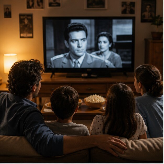 Soggiorno italiano con smart TV accesa e atmosfera da film in famiglia
