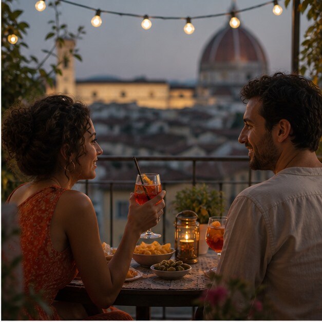 Tavolo estivo con snack e luce dorata prima di una serata cinema italiana