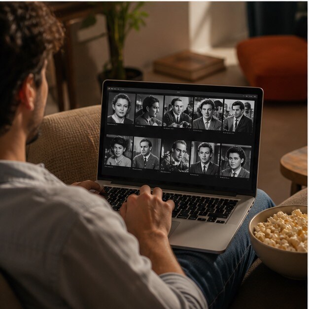 Laptop con lista di film italiani tra commedia, melodramma e giallo