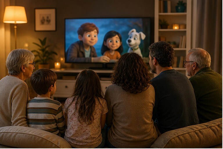 Famiglia allargata sul divano durante una serata film con smart TV