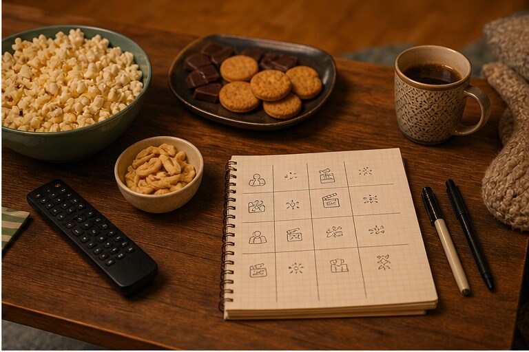 Snack, telecomando e lista di film classici e buddy comedy per una serata insieme