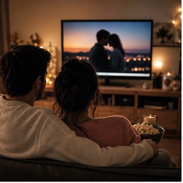 Coppia che sceglie un film romantico gratuito su YouTube in soggiorno