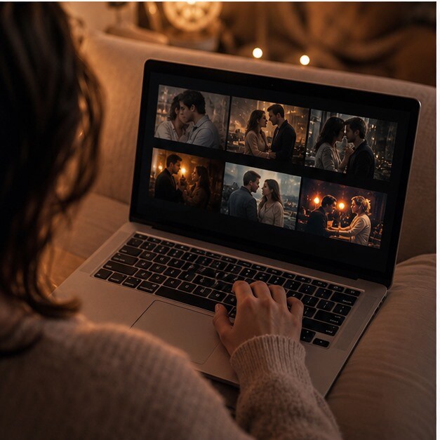 Atmosfera calda da movie night con laptop e taccuino di film romantici