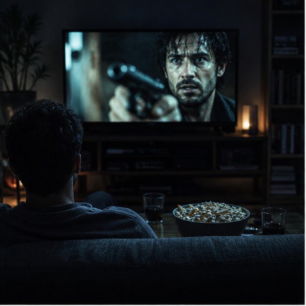 Soggiorno notturno con luce bassa e persona che guarda un thriller su smart TV