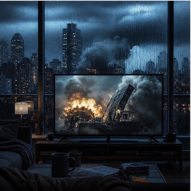 Schermo con pioggia, allarme e scena di tensione da disaster-thriller