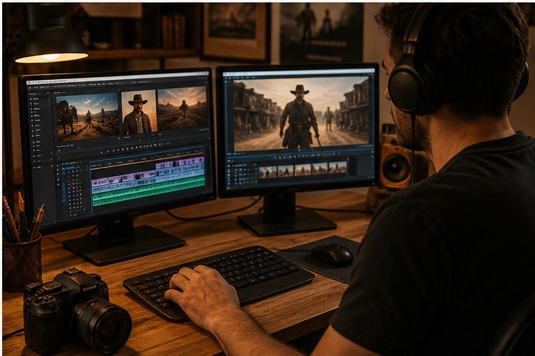 Creator che monta una guida video dedicata ai migliori western gratis su YouTube