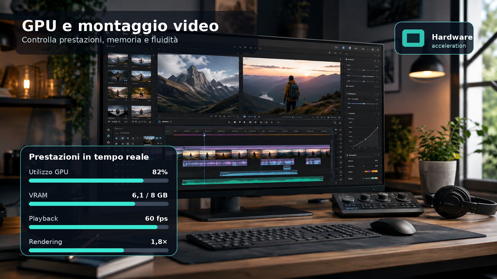 PC con Filmora e pannello prestazioni GPU durante editing video