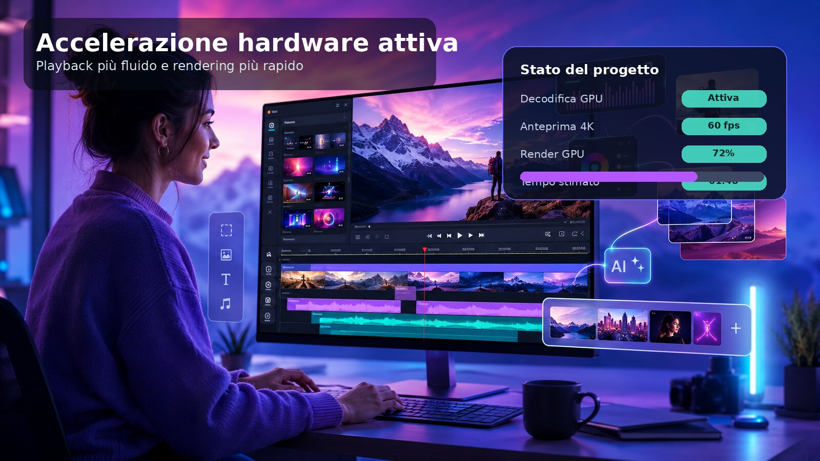 Editor Filmora con accelerazione hardware attiva durante playback e rendering