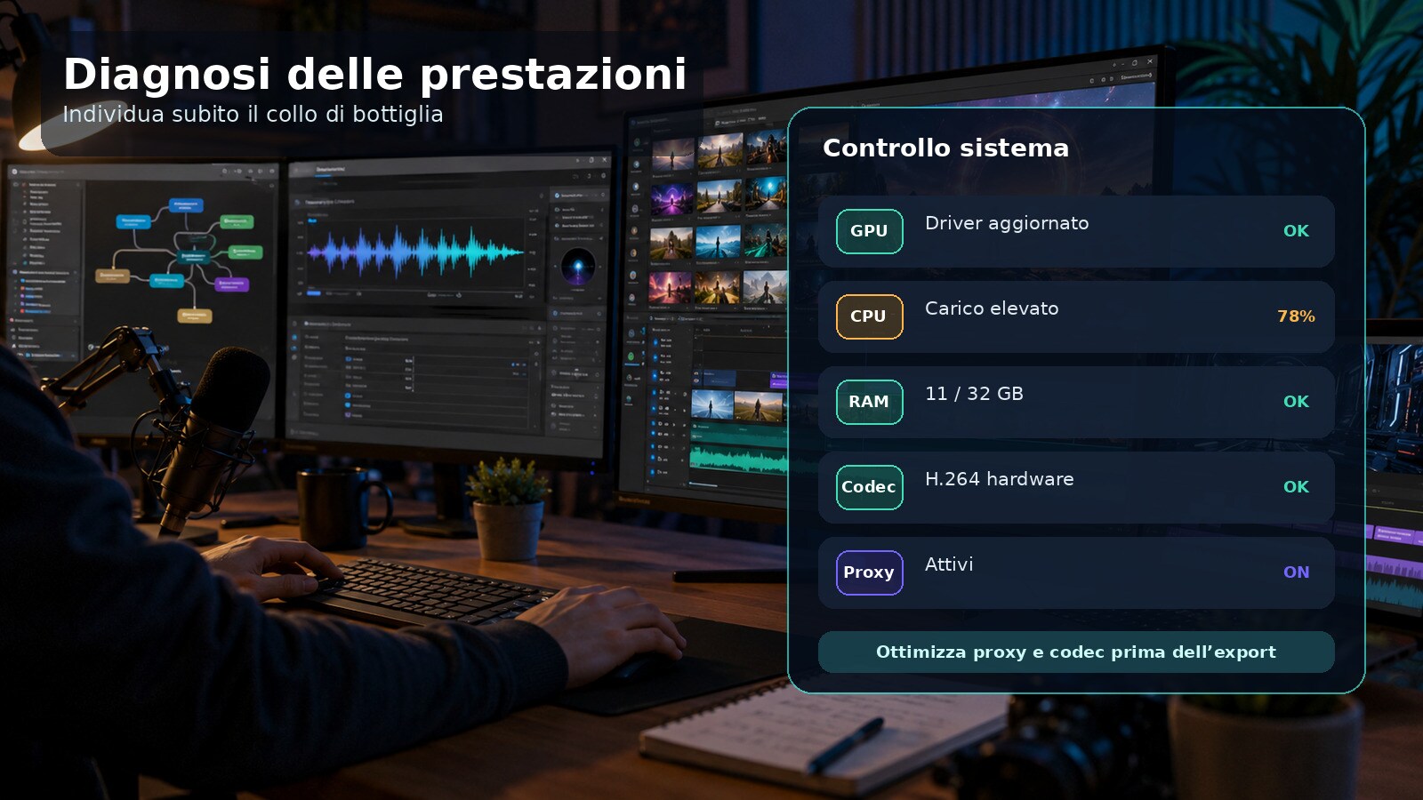 Diagnosi prestazioni Filmora con GPU CPU RAM codec e proxy