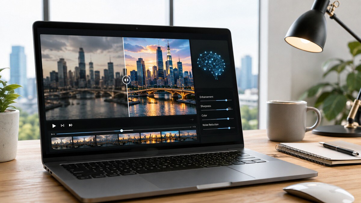 Creator che monta video su laptop con vista città