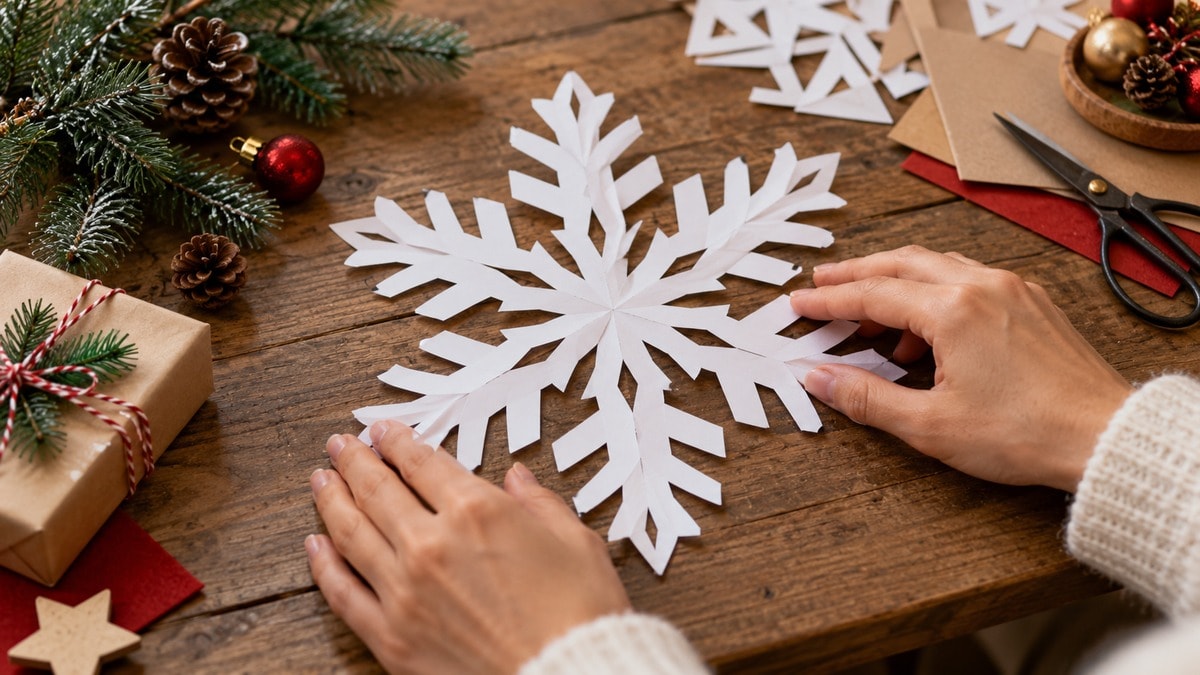 Mani che distendono un fiocco di neve di carta sul tavolo