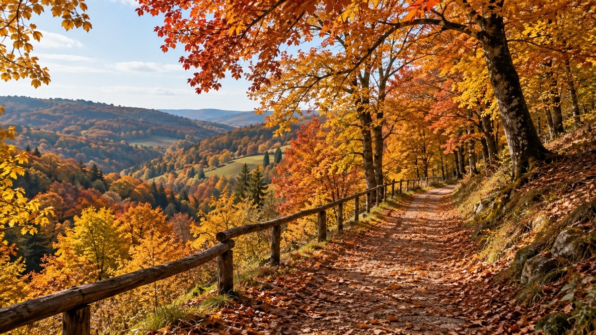 Bosco autunnale illustrativo con un sentiero tra foglie dorate