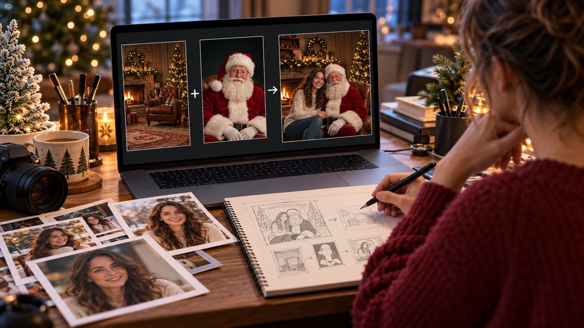 Postazione di lavoro con immagini separate per pianificare una composizione con Babbo Natale