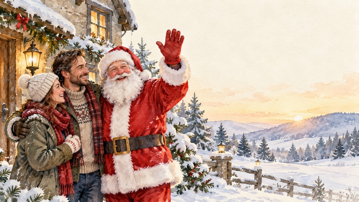 Cartolina ad acquerello con Babbo Natale e una coppia davanti a una casetta