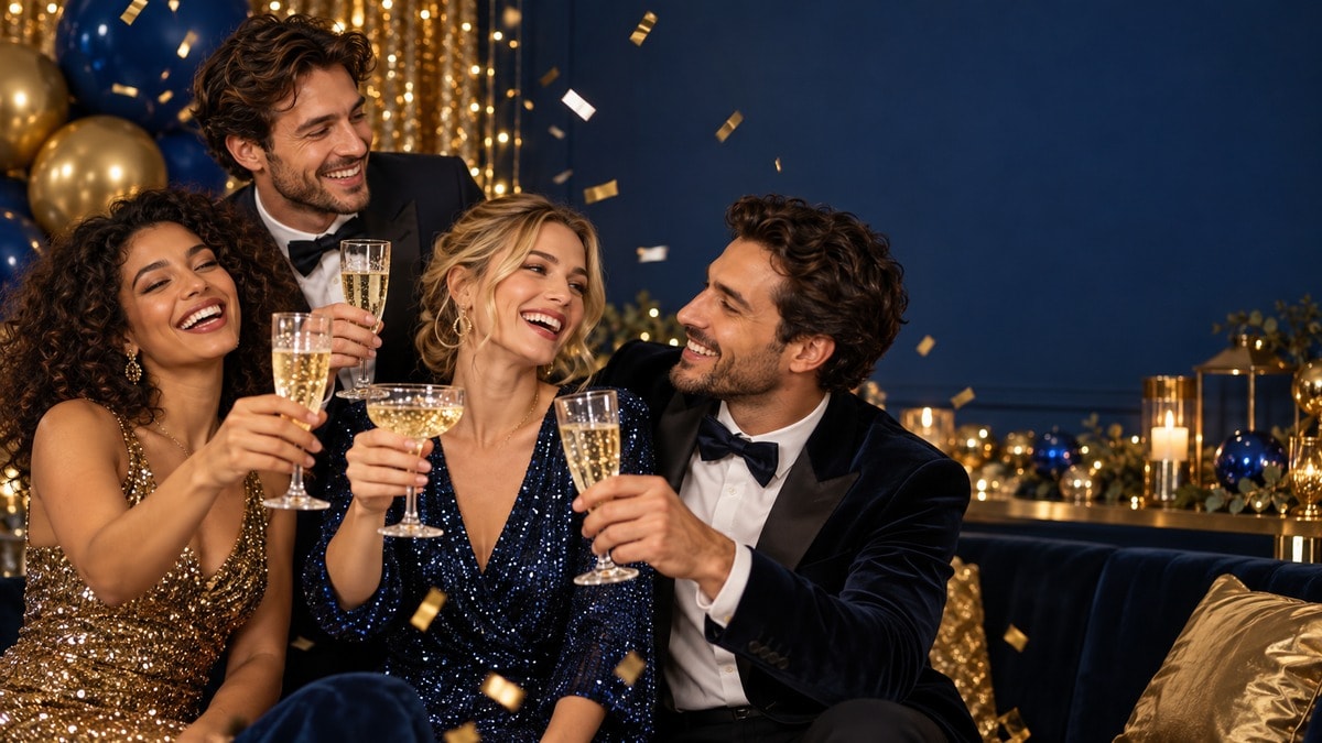 Scena festiva immaginaria con amici adulti e decorazioni blu e oro