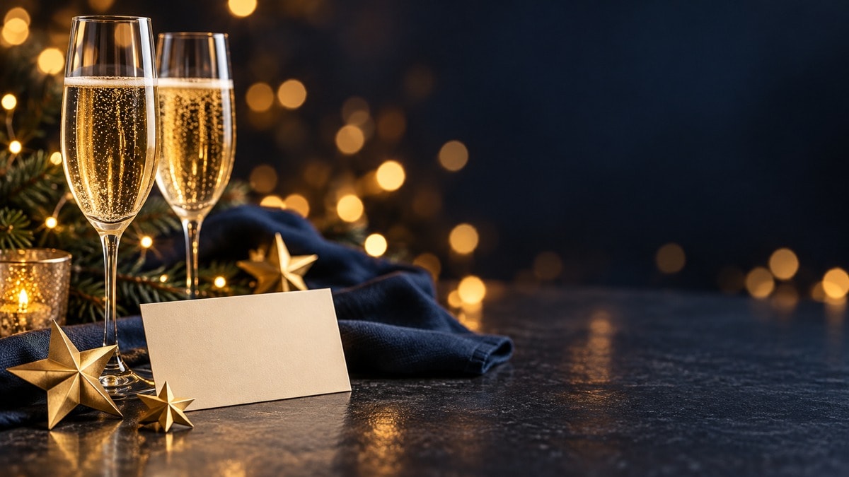 Calici, stelle di carta e biglietto vuoto su uno sfondo blu e oro