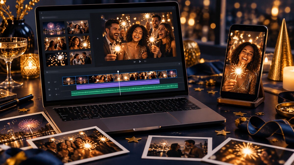 Postazione di montaggio per creare un saluto video con fotografie di fine anno