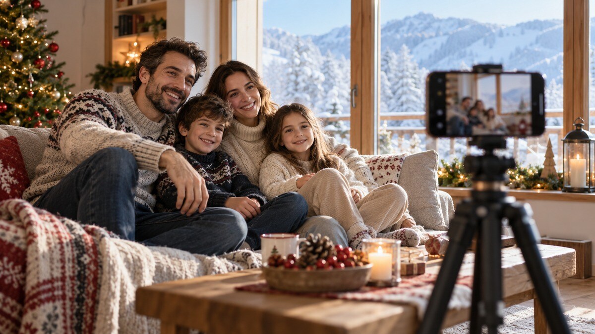 Telefono su treppiede davanti a una famiglia vicino a una finestra