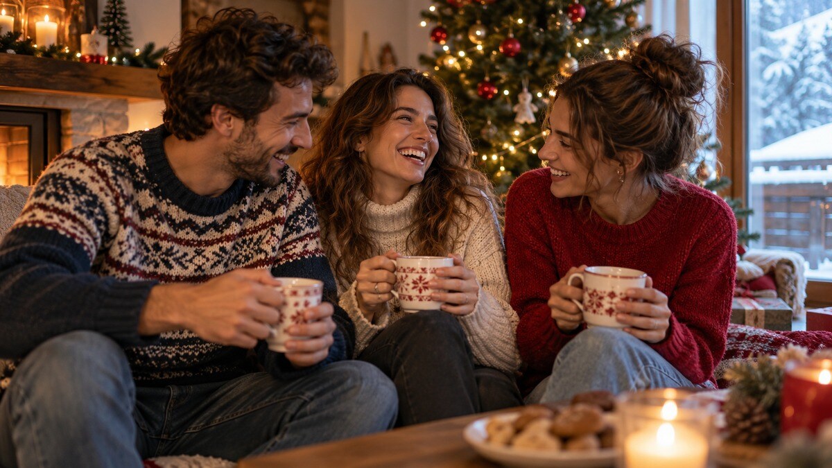 Tre familiari adulti in una fotografia spontanea vicino all’albero