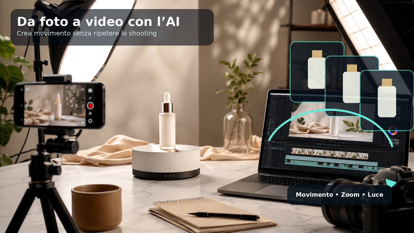 Foto prodotto trasformata in video AI con movimento controllato