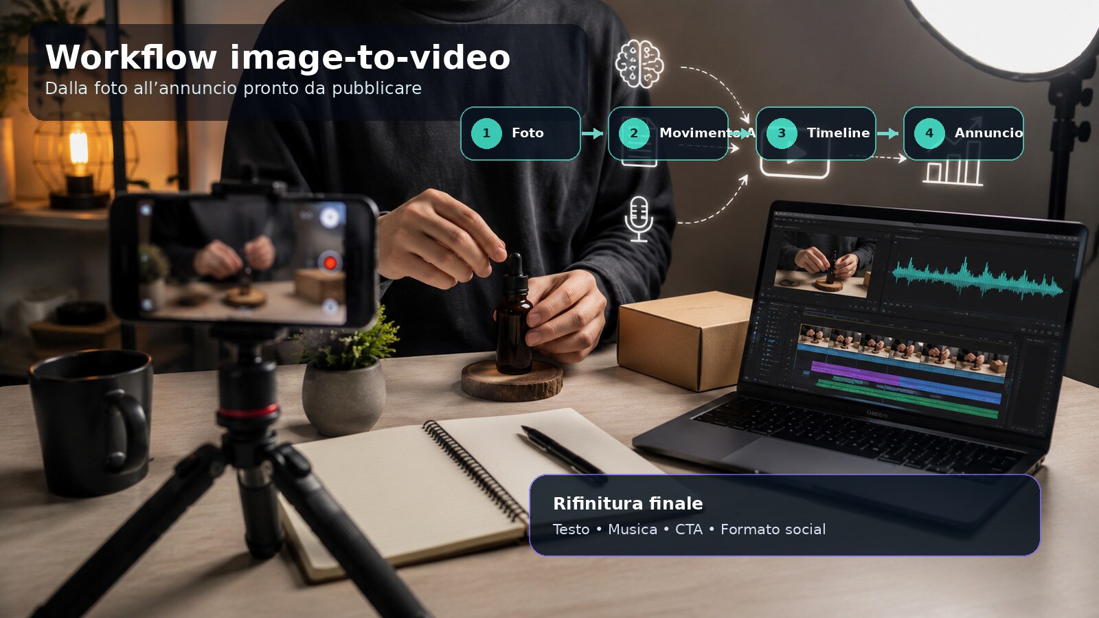 Workflow Filmora image to video per animare foto prodotto e montare una pubblicità