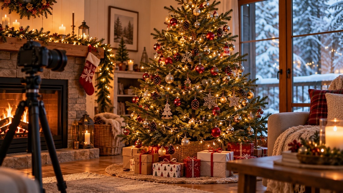 Albero di Natale con luci calde e rami ancora leggibili