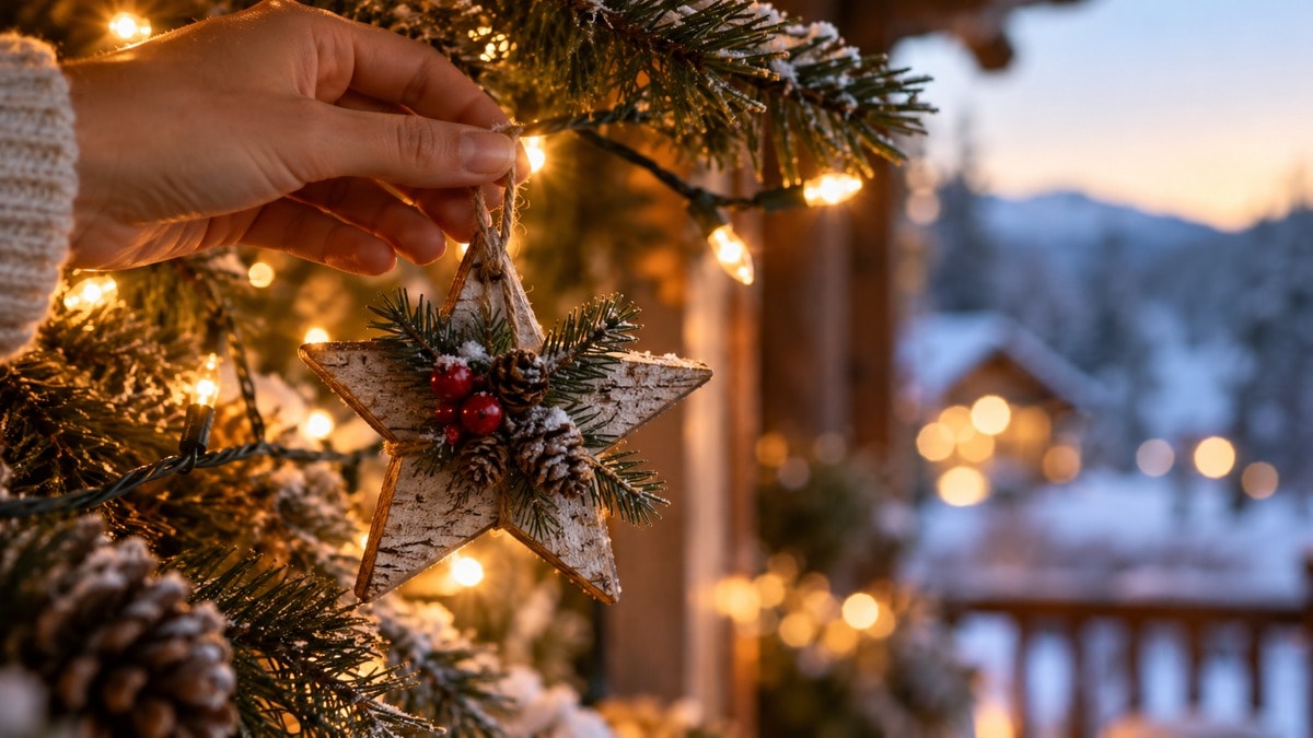 Decorazione a fuoco con luci natalizie morbide sullo sfondo