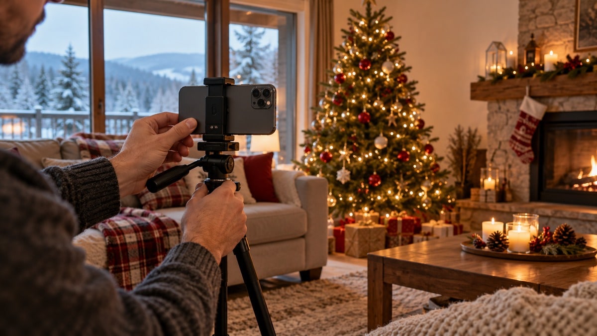 Telefono su un supporto per fotografare l’albero da un angolo della stanza