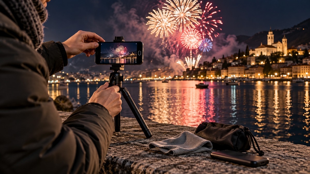 Attrezzatura essenziale preparata per fotografare i fuochi con il telefono