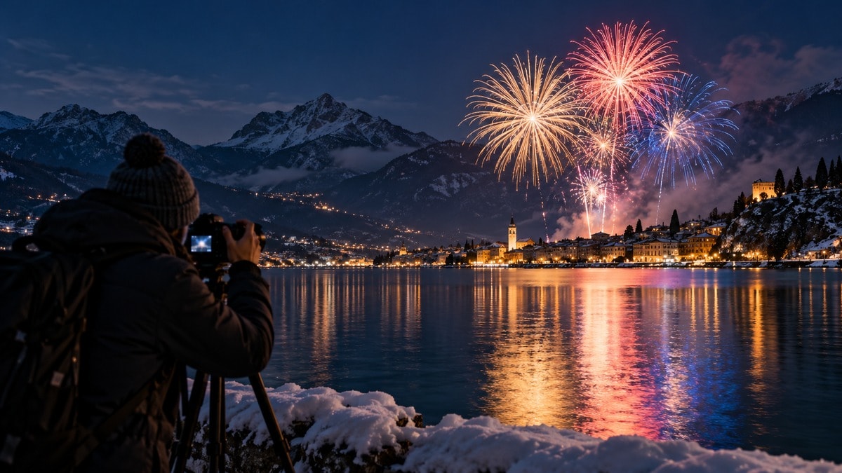 Fuochi d’artificio e riflessi sull’acqua con un riferimento urbano