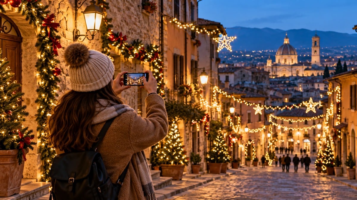 Persona che fotografa una strada illuminata per Natale con lo smartphone al crepuscolo