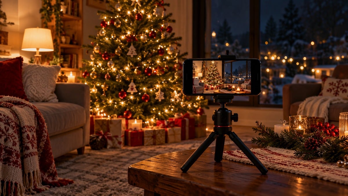 Smartphone su un piccolo treppiede davanti a un albero di Natale