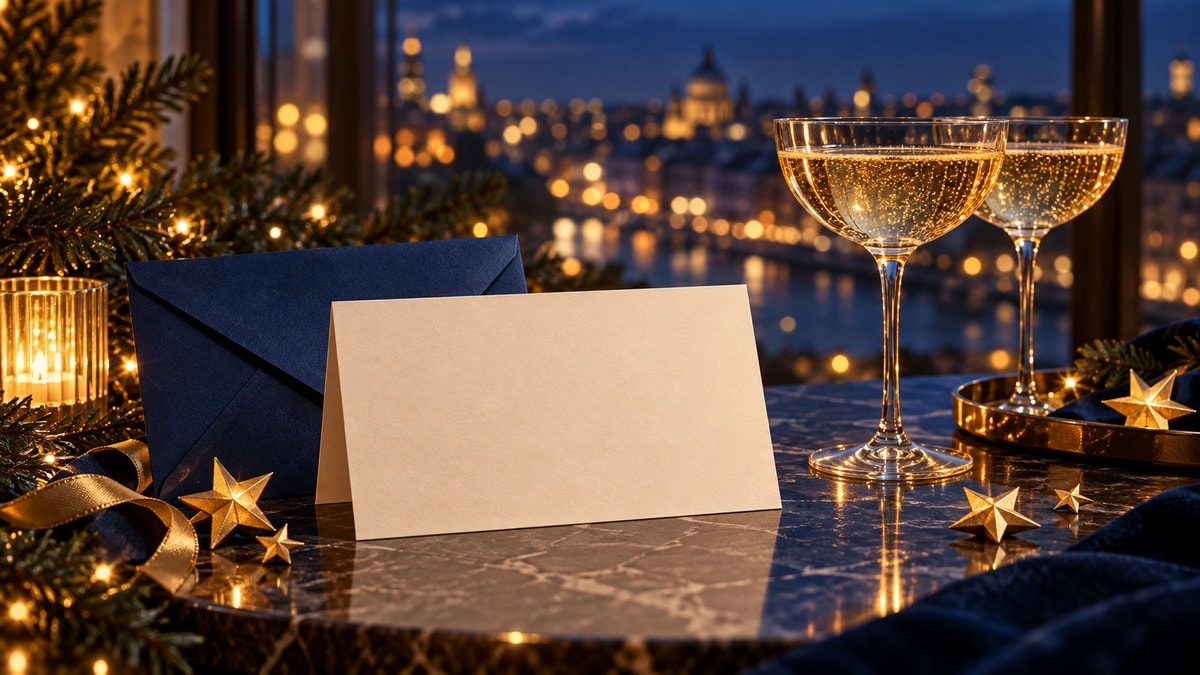 Biglietto vuoto con stelle dorate e decorazioni blu per gli auguri di Capodanno