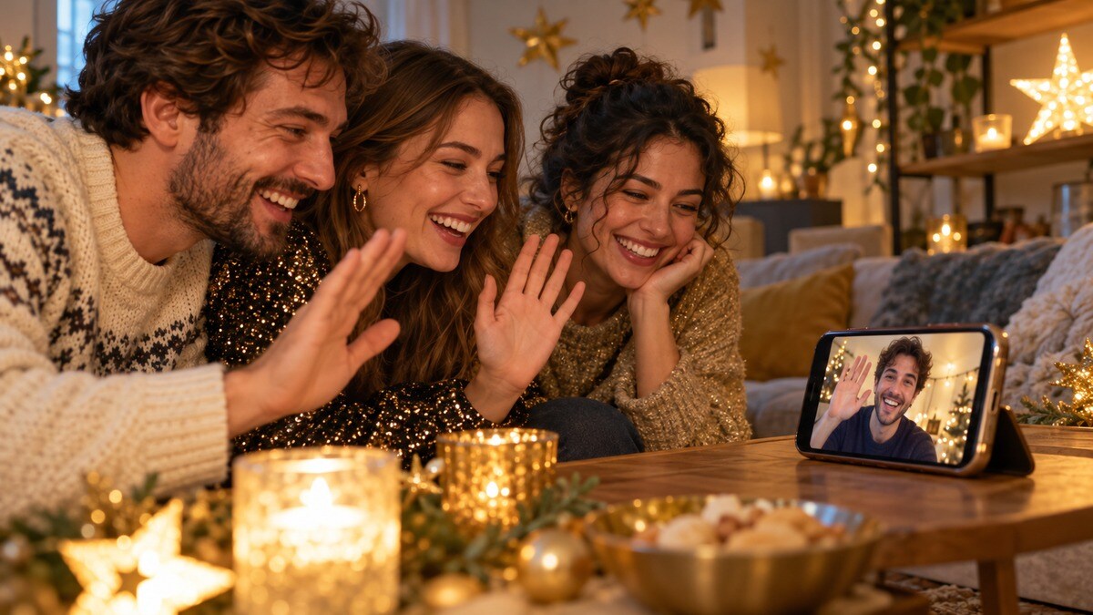 Amici che condividono un saluto di Capodanno in videochiamata