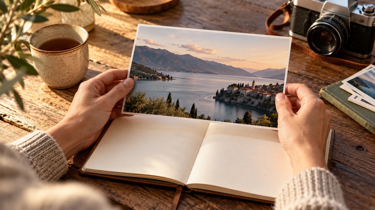 Mani con una fotografia e un quaderno per raccogliere ricordi